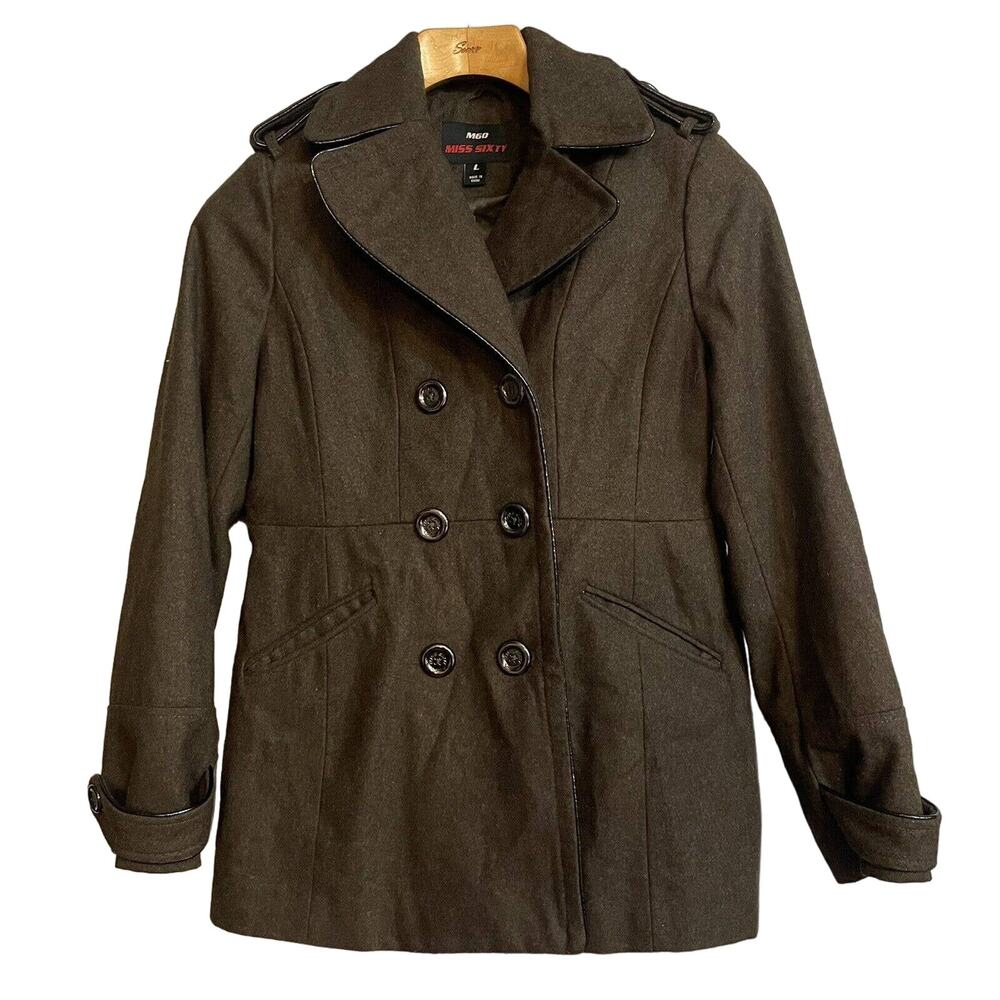 Miss Sixty Pea Coat Jacket‎ Womens Brown Double Breasted Wool Blend Sz L Classic